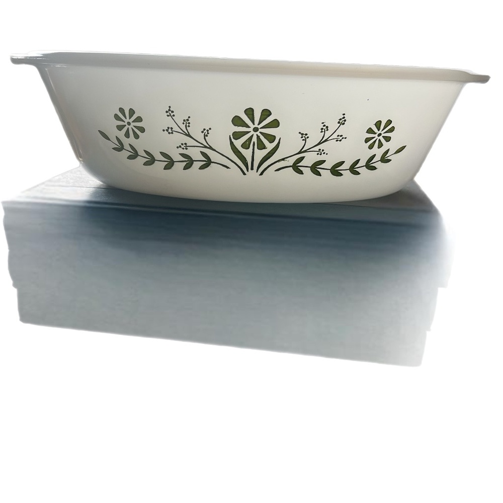 Vintage MCM Pyrex Glassbake Green Floral 1 Quart casserole